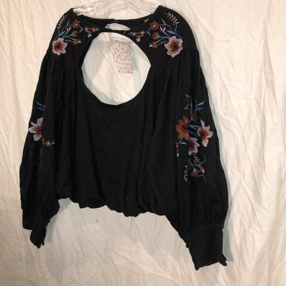 Free People NEW NWOT black EMBROIDERED flowersL - Picture 1 of 3